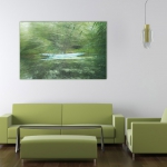 interior design of modern green living room furniture against white wall with a lamp hanging and lots of copy space